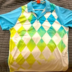 Large Puma golf polo blue, white and green checkered front